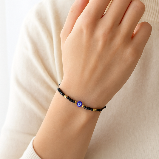 Protection Evil Eye Bracelet, Black Beaded Braided String Bracelet Women's Adjustable Handcrafted Shield Negative Energy