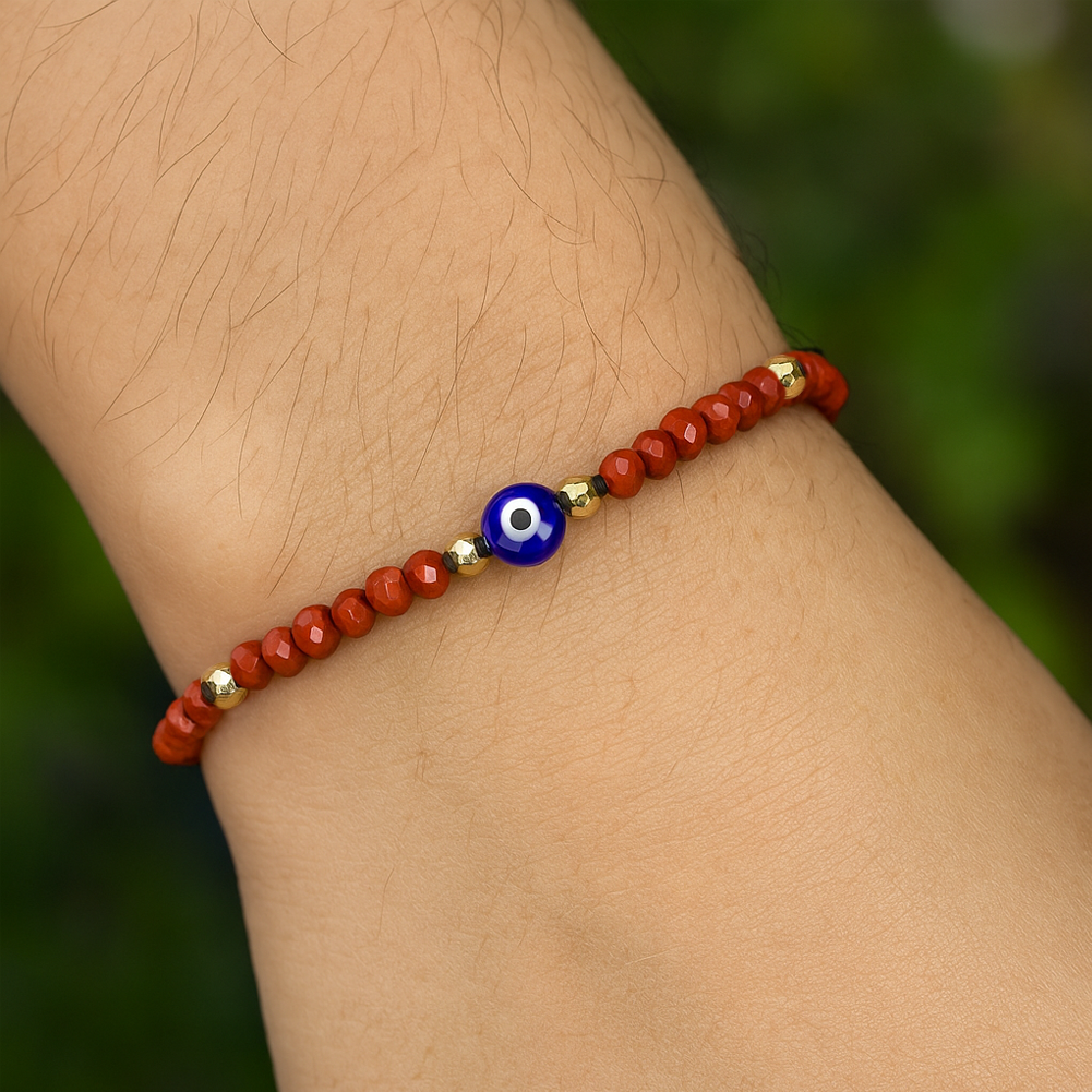 Evil Eye Bracelet Handmade Natural Stone Red Jasper Faceted Rondelle Beads Adjustable Women's Jewlery Powerful Protection Safe