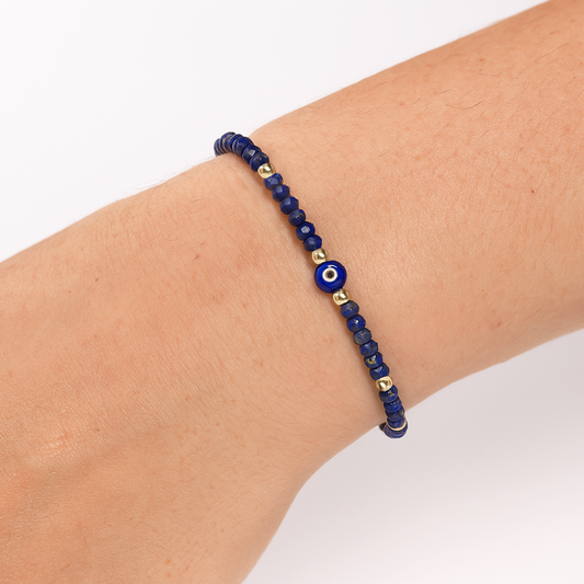 Evil Eye Bracelet Handmade Natural Stone Lapis Faceted Rondelle Beads Women's Jewlery Powerful Protection Safe