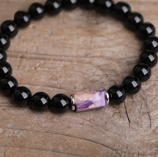 Purple Charoite Black Agate Beaded Bracelet Natural Stone Chakra Expertly Crafted Stylish Design Trend Ideal Gift