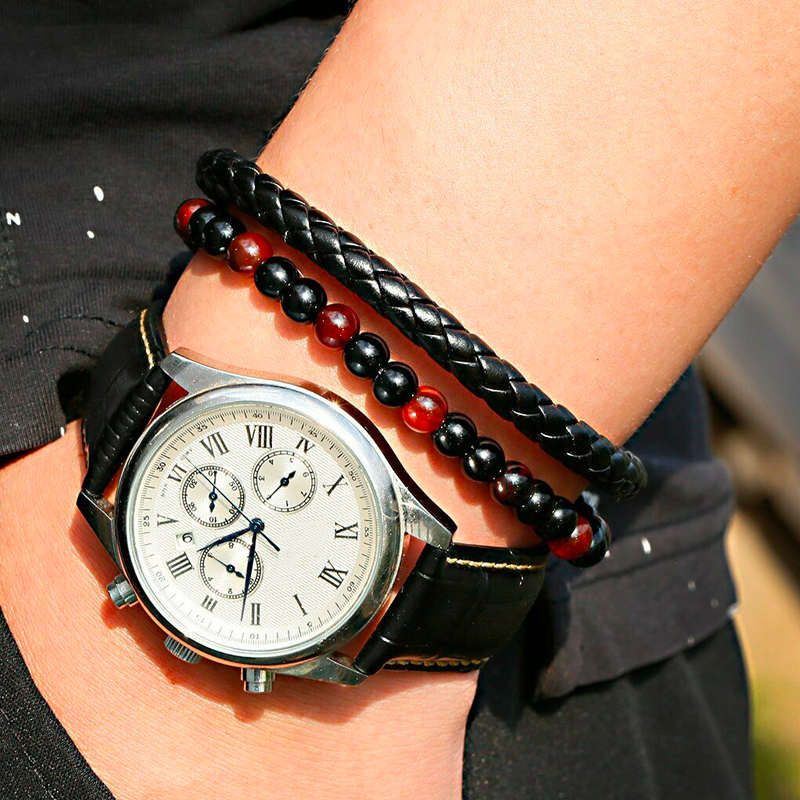 Leather With Tourmaline Bracelet for Men 8,6 inches