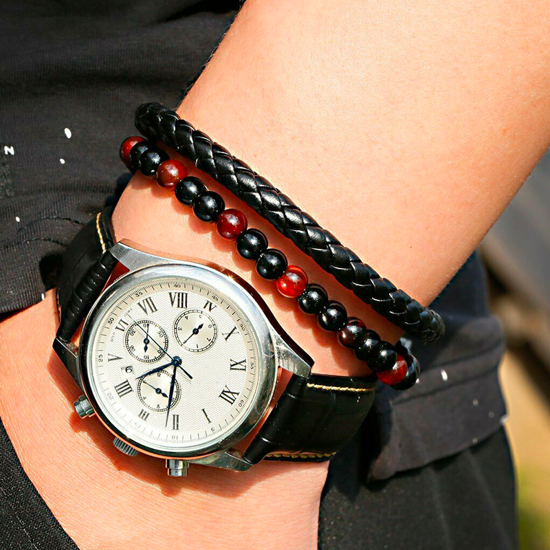 Handmade Natural Stone Beaded Bracelet Strong + Confident Look This mens leather bracelet 6mm beads matte black onyx beads genuine leather stainless steel magnetic clasps Multi-layer style leather bracelet for men. Suitable for any occasion. Tiger's Eye powerful stone helps release fear & anxiety aids harmony & balance