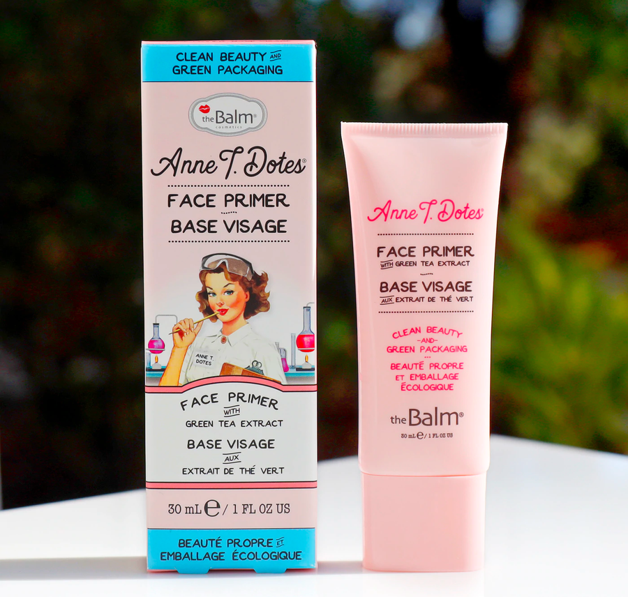 theBalm Cosmetics Anne T. Dotes Face Primer Clean Beauty & Green Packaging replenishing primer preps the skin for a smooth application helps to condition, soothe, and moisturize the skin. Use alone for a dewy glow, or under your foundation for a longer wear.