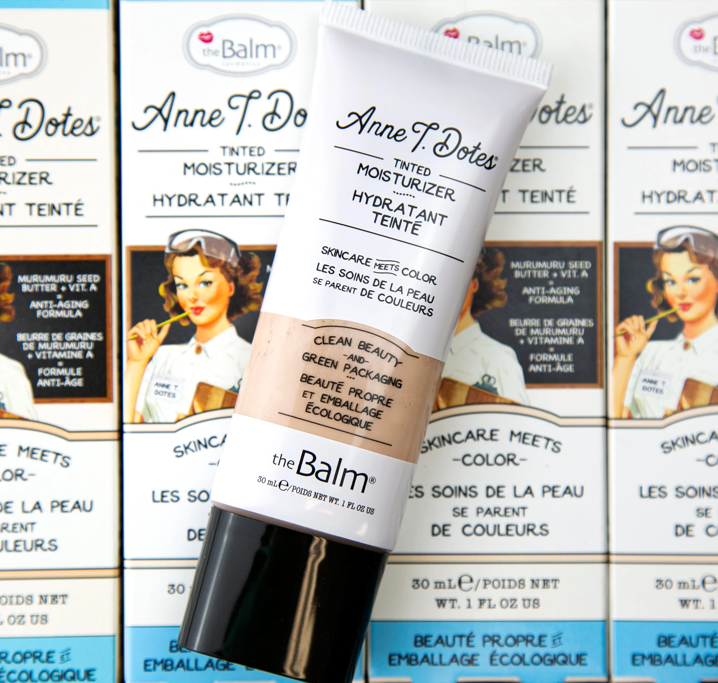 theBalm Cosmetics Anne T. Dotes Tinted Moisturizer Clean Beauty & Green Packaging Soothing Murumuru Seed Butter and antioxidant Vitamins A & C, not only evens out and hydrates your skin