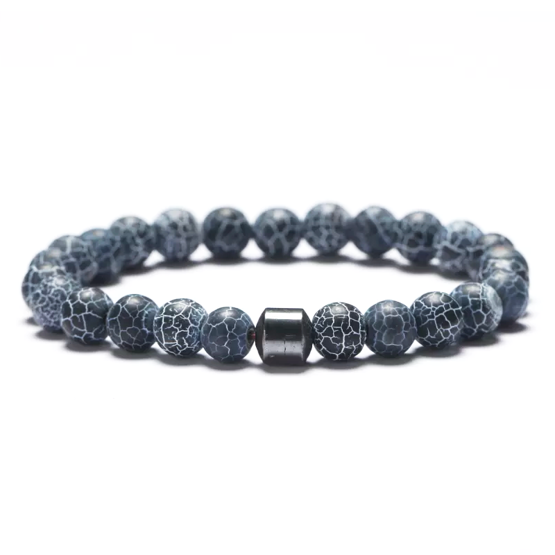 Handmade Natural Stone Black Efflorescence + Hematite Beaded Bracelet Men Women