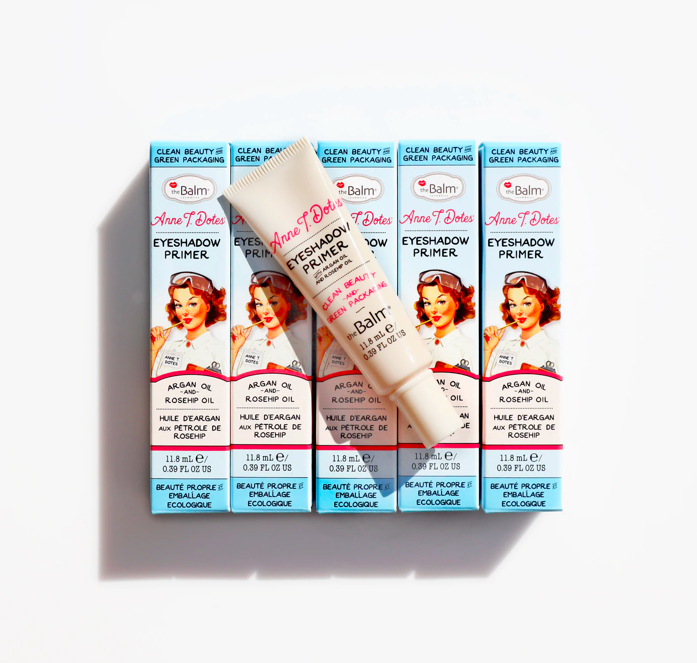 theBalm Cosmetics Anne T. Dotes Eyeshadow Primer Clean Beauty & Green Packaging replenishes Rose Hip Oil, Rosemary, Rice Bran, Sunflower, and Tocopherol, this formula provides superior protection