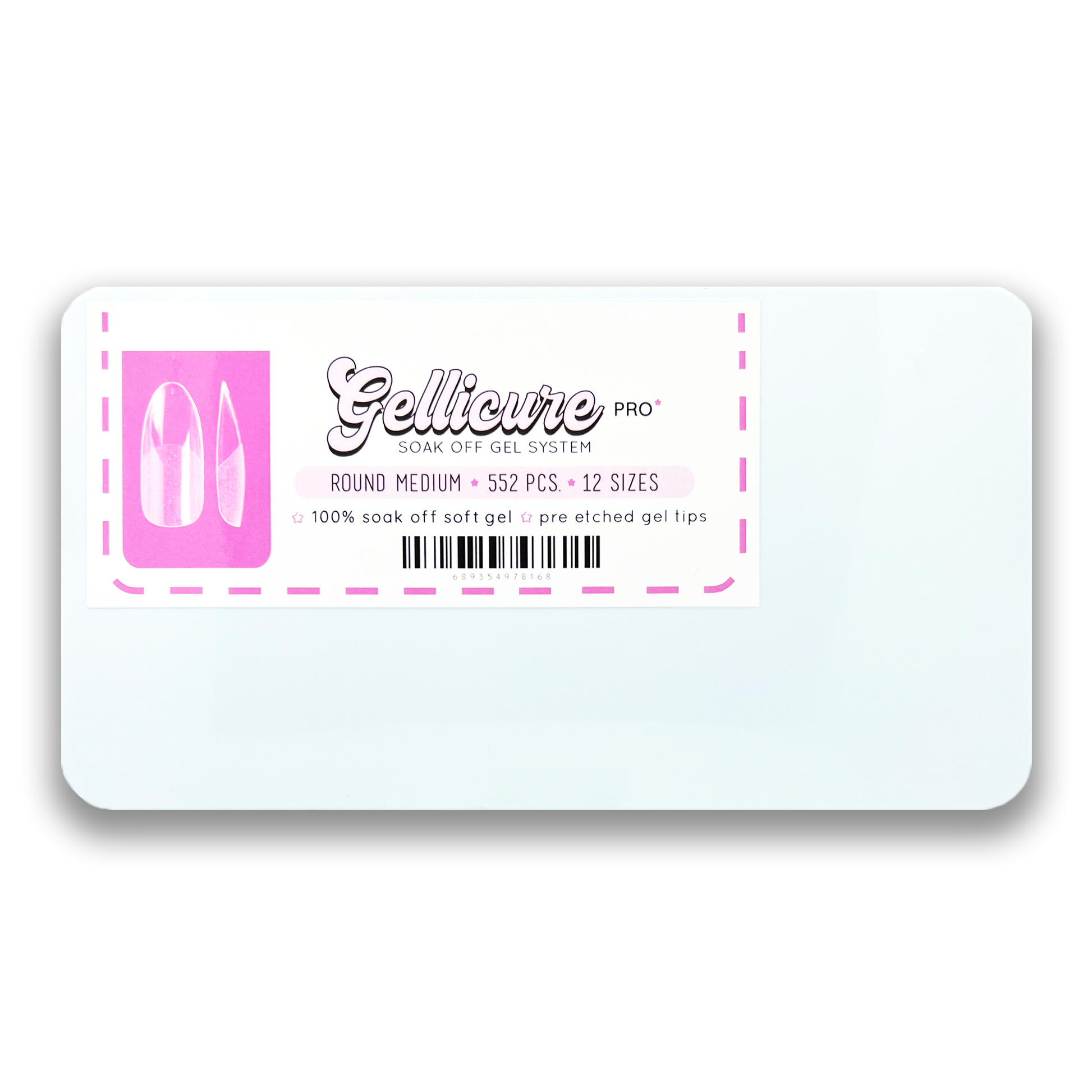 Gellicure Pro Soak Off Gel Extension Tips Round Medium 552 pieces - 12 sizes Coffin, Stiletto, Square, Round, Almond Made for extreme durability and lightweight feel, these gel tips are pre-etched, no need for filing the inside of tips any longer! Crafted with precision and care, designed with slim case for traveling nail techs in mind. Made by professionals for professionals!