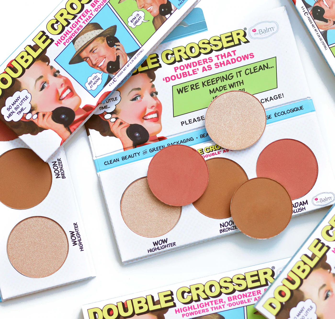 theBalm Cosmetics Double Crosser Face Palette Clean Beauty & Green Packaging Recyclable Packaging - Clean Ingredients - Nurturing and Natural all-in-one face palette features a champagne gold highlighter, a neutral matte bronzer, and a rosy-mauve blushblushes are shadows, shadows are contours oothing plant ingredients