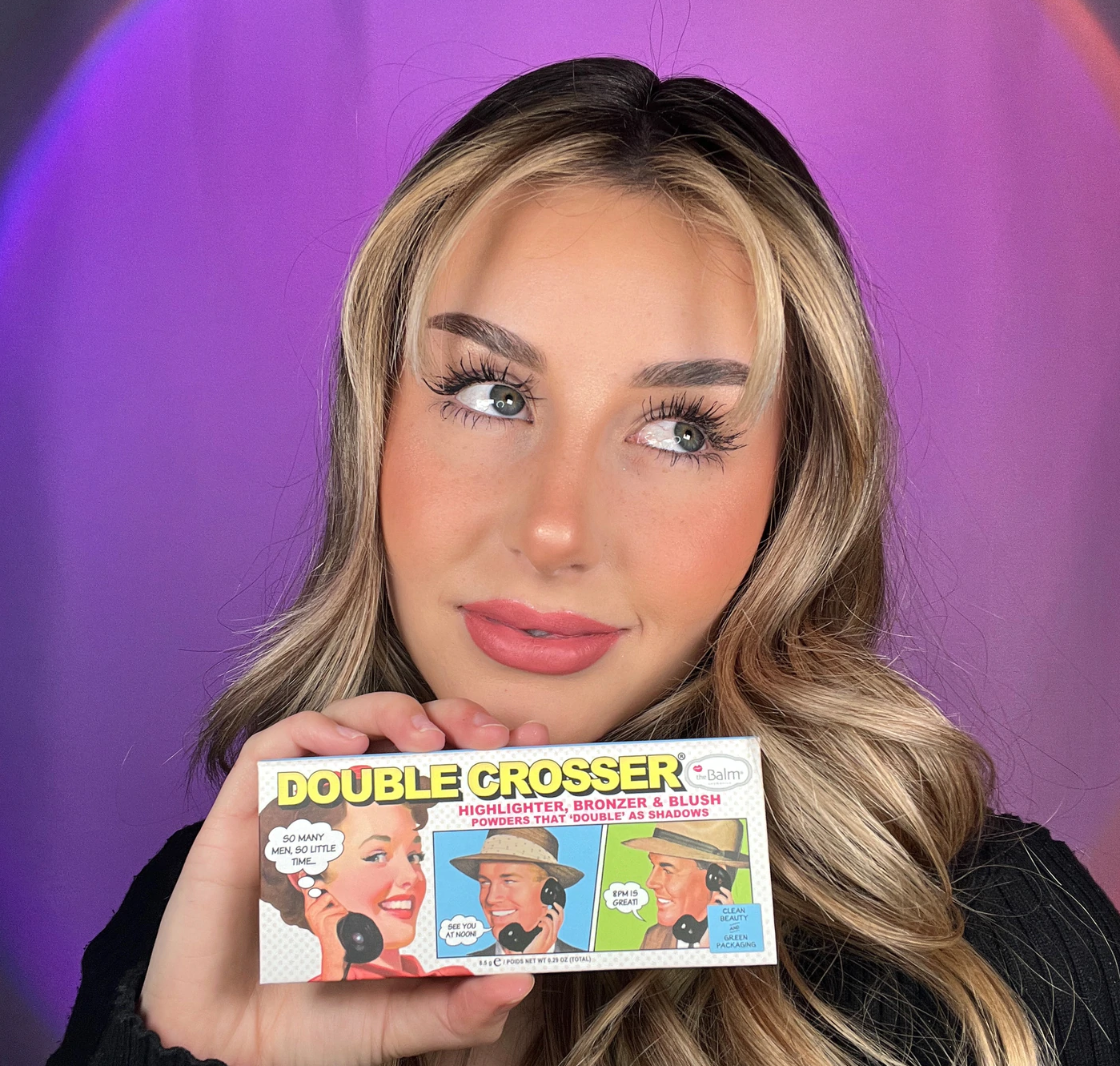theBalm Cosmetics Double Crosser Face Palette Clean Beauty & Green Packaging Recyclable Packaging - Clean Ingredients - Nurturing and Natural all-in-one face palette features a champagne gold highlighter, a neutral matte bronzer, and a rosy-mauve blushblushes are shadows, shadows are contours oothing plant ingredients