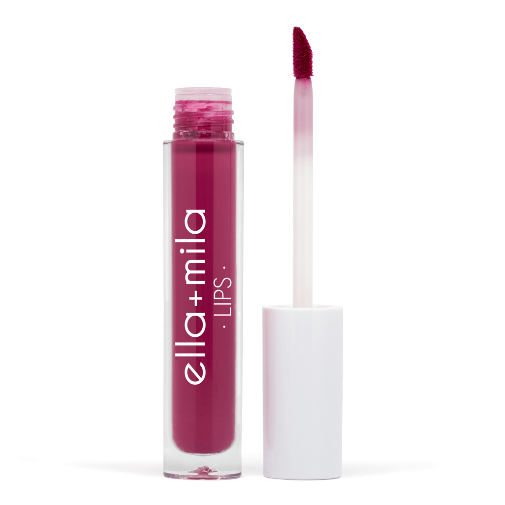 Bold mauve purple. Velvet Matte Finish. Plant-Based. Vegan. Animal Cruelty-Free. Vitamin E Enriched - Moisturizing. Ultra-Lightweight - Non-Stick Formula. ella+mila Liquid Lipstick - Agent Provocateur