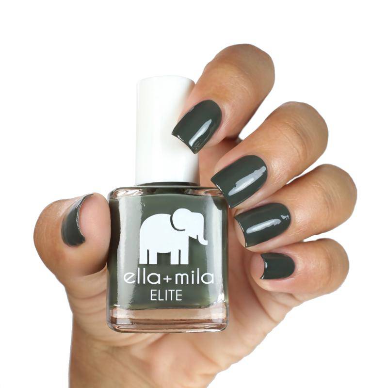 Dark olive green. Vegan. Animal Cruelty-Free. Quick Dry. Chip Resistant. ella+mila Nail Polish - Bon Voyage