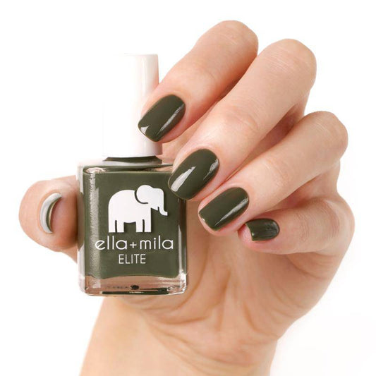 Dark olive green. Vegan. Animal Cruelty-Free. Quick Dry. Chip Resistant. ella+mila Nail Polish - Bon Voyage