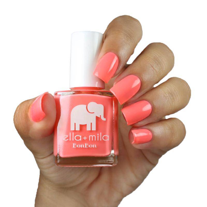 Bright peachy pink. Vegan. Animal Cruelty-Free. Quick Dry. Chip Resistant. ella+mila BonBon Collection Nail Polish - Sugar Rush