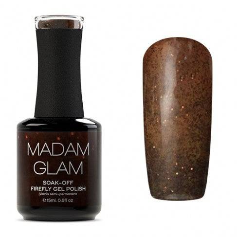 Dark and warm shade, in a fabulous formula is offering you the perfect season look! Chocolate Brown with Gold Sparks. Madam Glam Soak-Off Firefly Gel Nail Polish - Adoration - Vegan. 5-Free. Cruelty-Free.