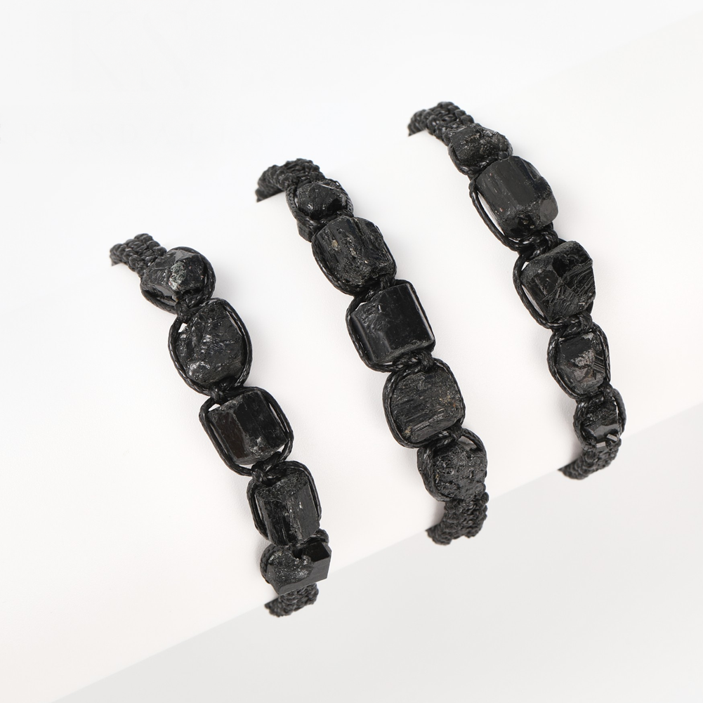 Black Tourmaline Bracelet Handmade Natural Stone Adjustable Black String Braided Shield Protection Cleansing