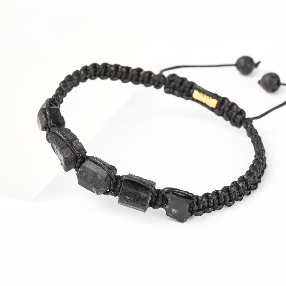 Black Tourmaline Bracelet Handmade Natural Stone Adjustable Black String Braided Shield Protection Cleansing
