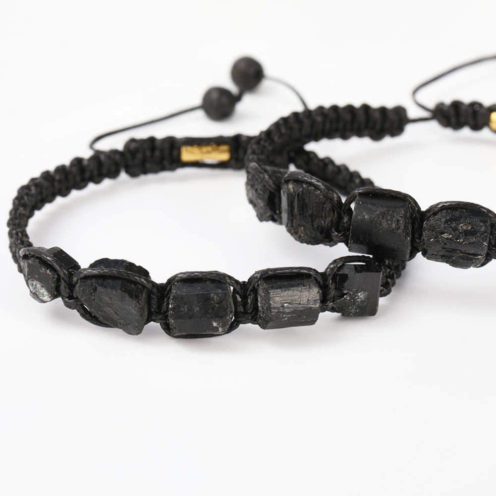 Black Tourmaline Bracelet Handmade Natural Stone Adjustable Black String Braided Shield Protection Cleansing