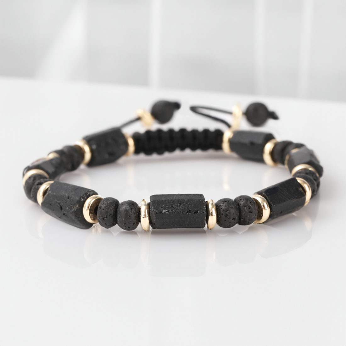 Black Tourmaline Bracelet - Handmade Natural Stone 7 pc Black Tourmaline - Lava Rock Beads - Adjustable - Men's Women's Jewelry - Healing Therapy Protection
