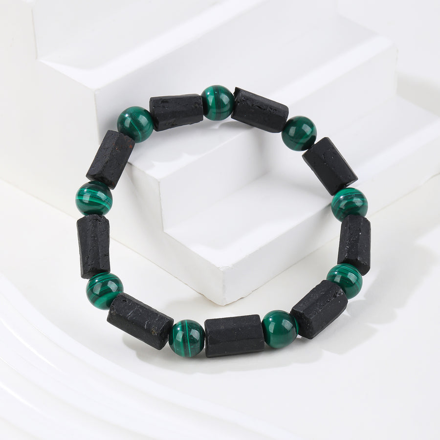 Black Tourmaline Bracelet, Handmade Natural Stone, Malachite Bead Protection Grounding Courage Healing Stones Jewelry Gift Any Occasion Men's Women's