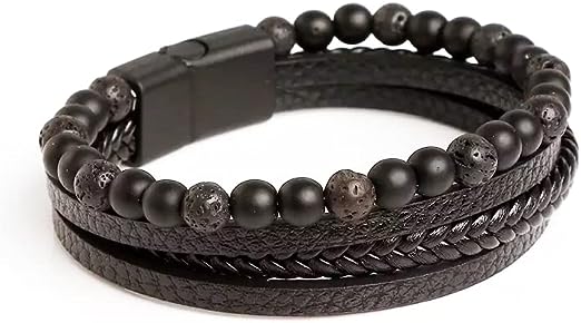Handmade Natural Stone Beaded Bracelet Strong + Confident Look This mens leather bracelet 6mm beads matte black onyx beads genuine leather stainless steel magnetic clasps Multi-layer style leather bracelet for men. Suitable for any occasion. Lava stone is said to alleviate anxiety, promote emotional tranquility and bring calmness and feelings of relaxation.