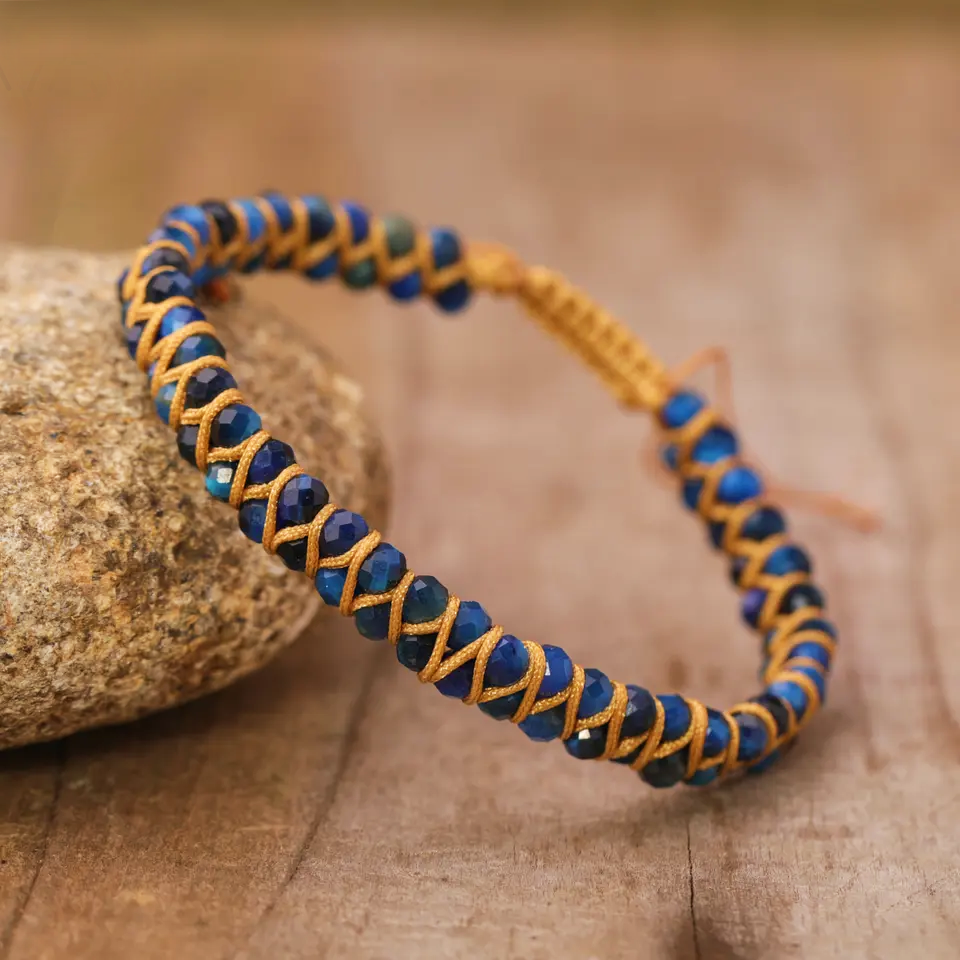 Blue Tiger Eye Boho Faceted Crystal Bead Woven Bracelet Adjustable High Quality Natural Stones Style Stunning Chakra Jewelry