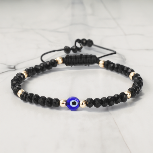 Evil Eye Bracelet Handmade Natural Stone Black Agate Faceted Rondelle Beads Adjustable Women's Jewlery Powerful Protection Safe