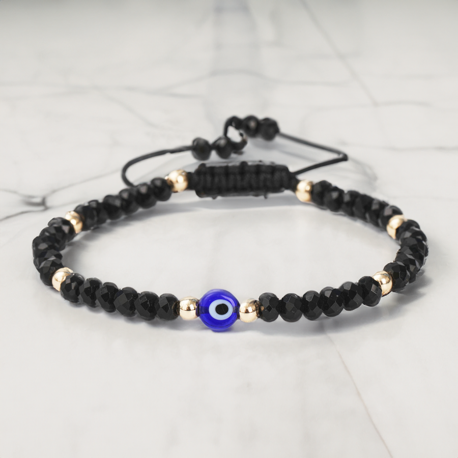 Evil Eye Bracelet Handmade Natural Stone Black Agate Faceted Rondelle Beads Adjustable Women's Jewlery Powerful Protection Safe