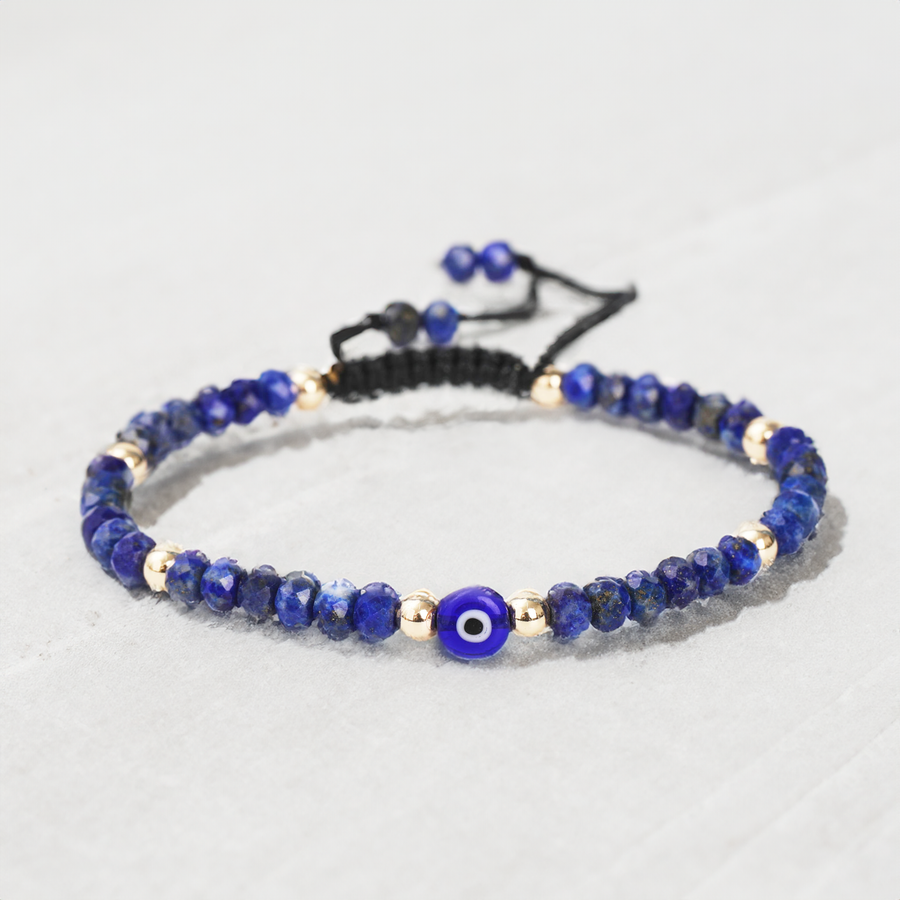 Evil Eye Bracelet Handmade Natural Stone Lapis Faceted Rondelle Beads Adjustable Women's Jewlery Powerful Protection Safe