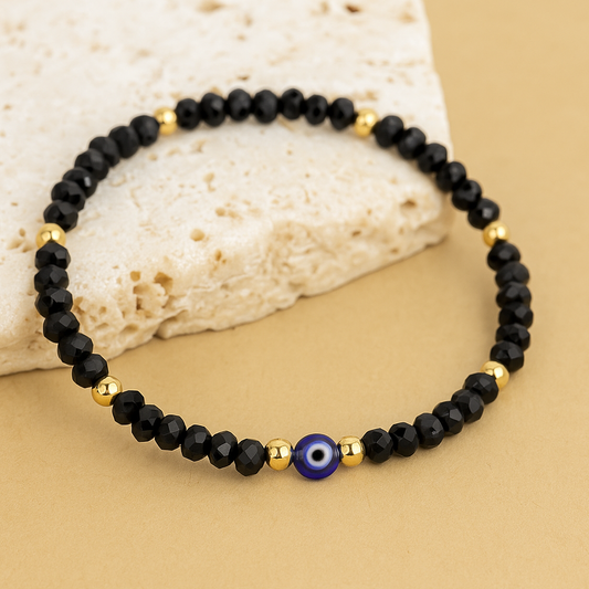 Evil Eye Bracelet Handmade Natural Stone Black Agate Faceted Rondelle Beads Women's Jewlery Powerful Protection Safe