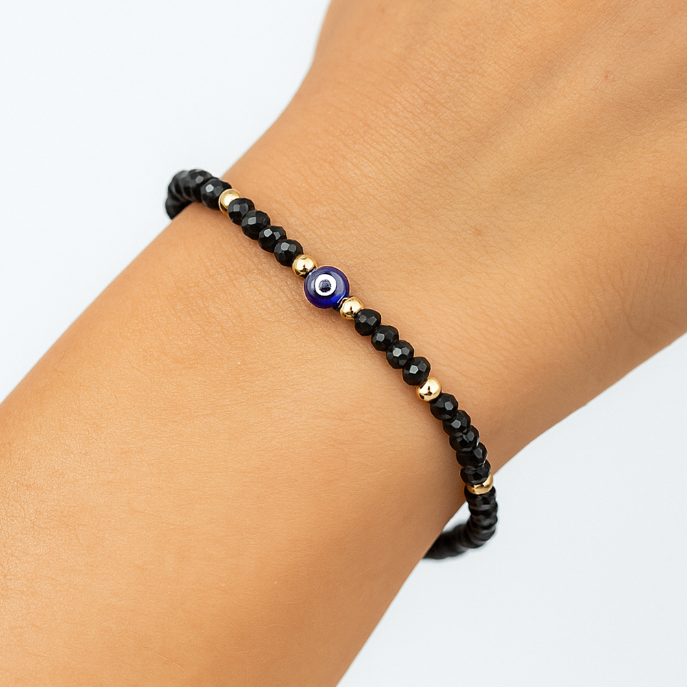 Evil Eye Bracelet Handmade Natural Stone Black Agate Faceted Rondelle Beads Women's Jewlery Powerful Protection Safe