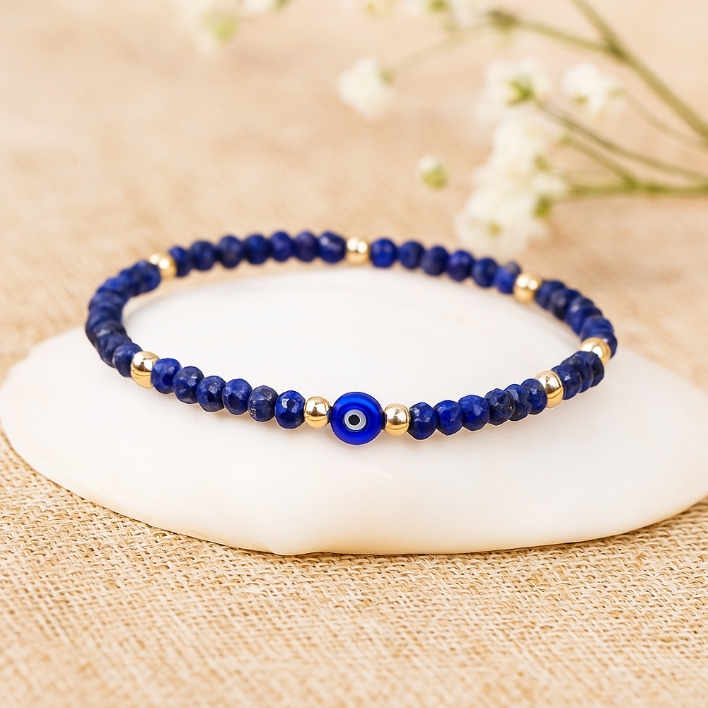 Evil Eye Bracelet Handmade Natural Stone Lapis Faceted Rondelle Beads Women's Jewlery Powerful Protection Safe