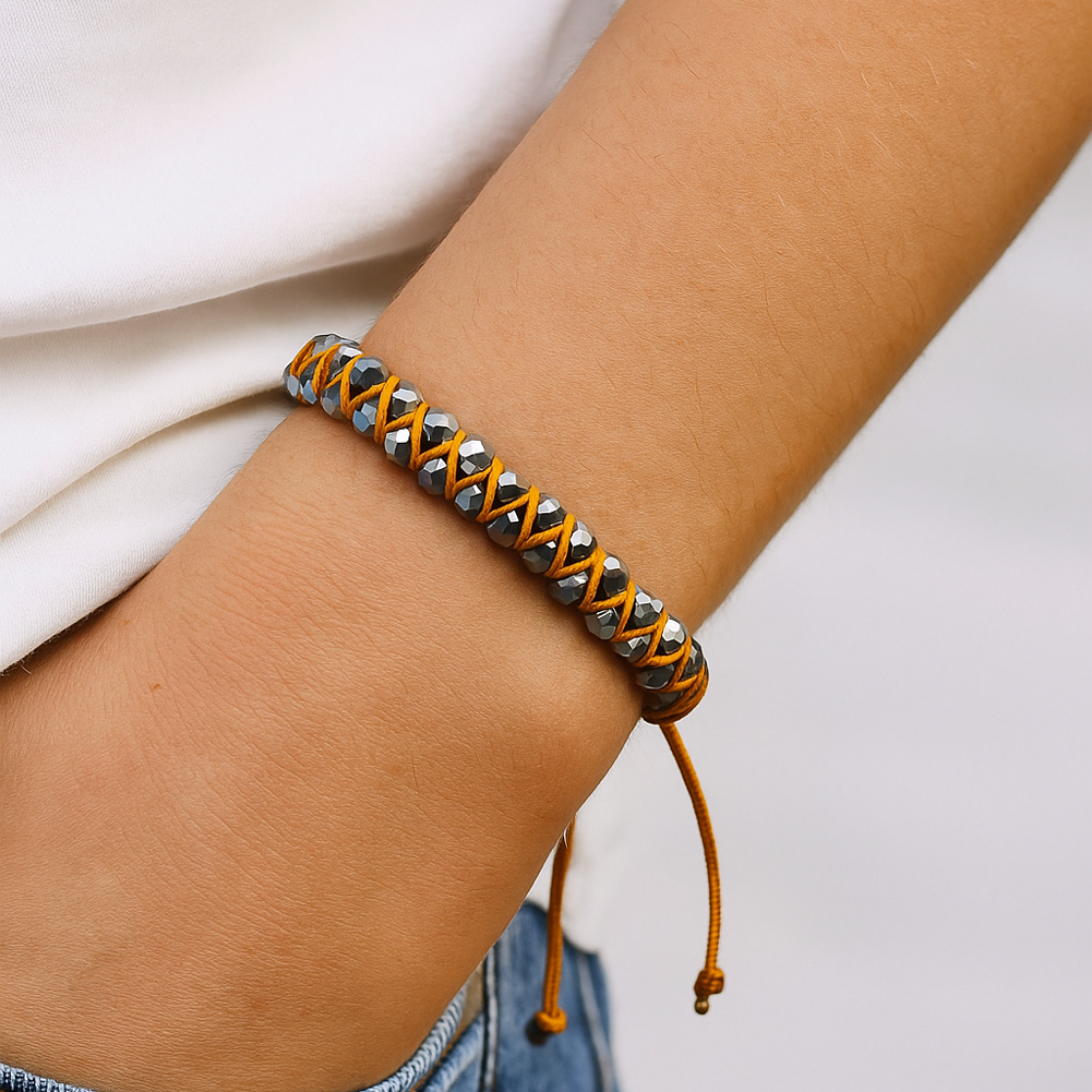 Hematite Bracelet, Boho Faceted Crystal Bead, Woven Adjustable Bracelet