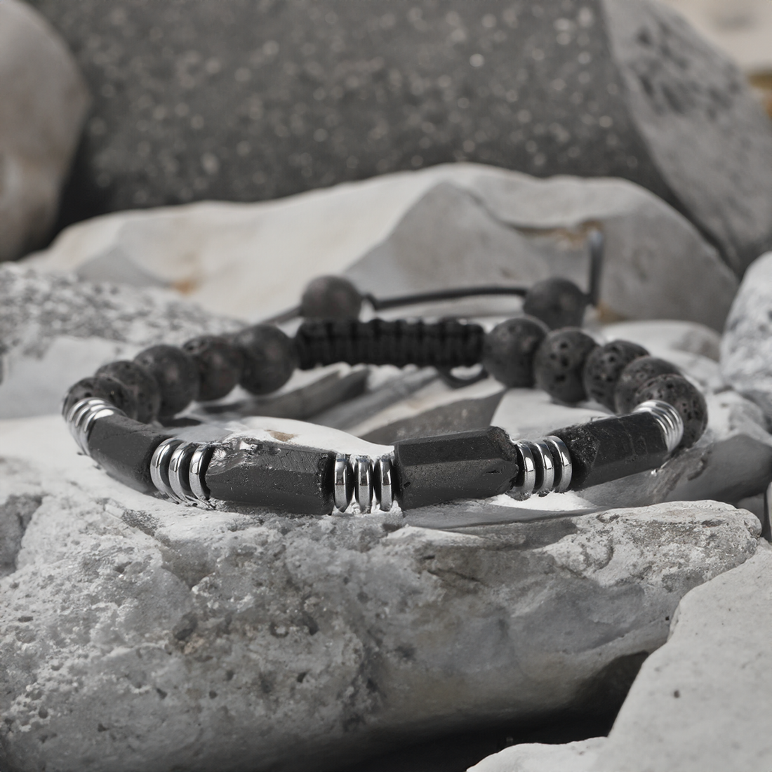 Protection bracelet” Black lava stone mens bracelet with wood beads bracelet  – Crystal boutique