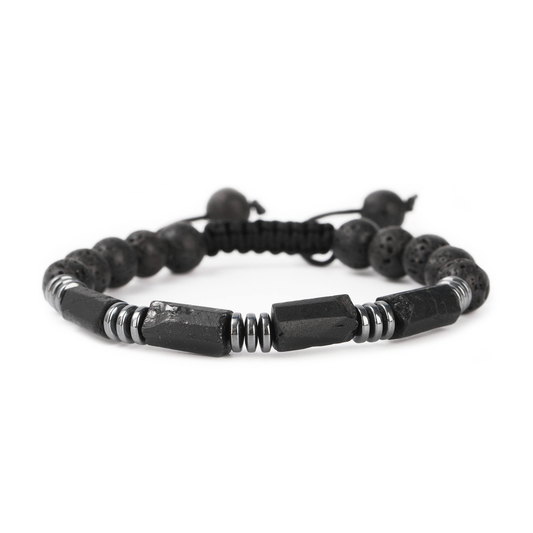 Black Tourmaline Bracelet Men's Handmade Natural Stone Lava Rock Bead Gunmetal Charm Protection Grounding Courage Healing Stones Jewelry Gift Any Occasion