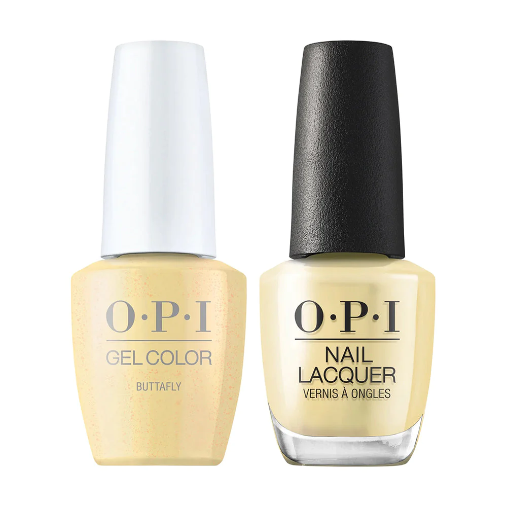 OPI GelColor Buttafly, Soak-Off Gel Polish + Matching Nail Lacquer, OPI Your Way Collection, Spring 2024, Soft Yellow Shimmer, Professional, 0.5 fl oz
