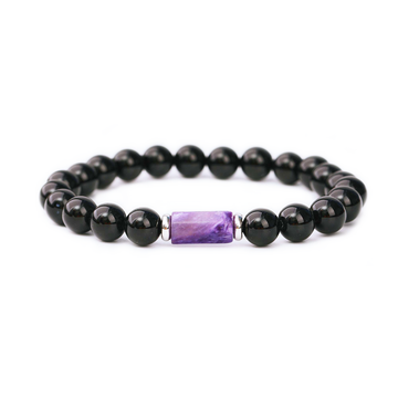Purple Charoite Black Agate Beaded Bracelet Natural Stone Chakra Expertly Crafted Stylish Design Trend Ideal Gift