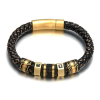 Handmade Braided Black Leather Stainless Steel Gold Plated Wrap Bracelet Men's