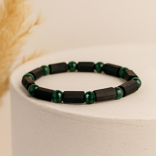 Black Tourmaline Bracelet with Malachite Beads, Men's and Women's Jewelry