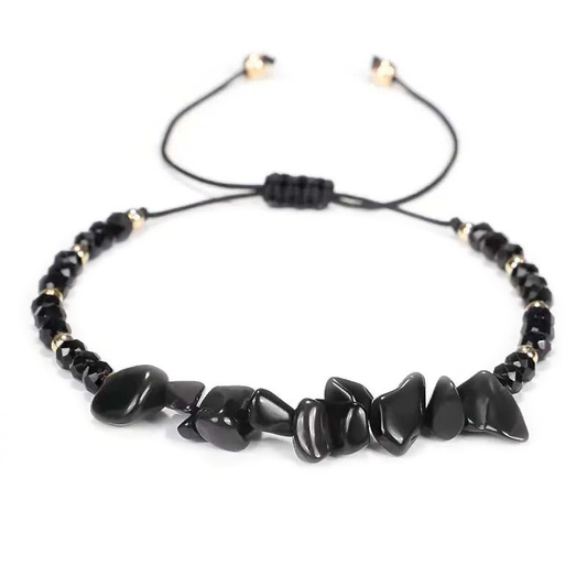 Black Tourmaline Chip Beads Black Agate Handmade Natural Stone Bracelet Black Braided Nylon Cord Shield Protection Cleansing Crystal Healing Stretchy Trendy Jewelry