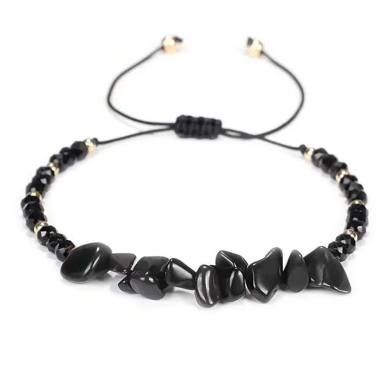 Black Tourmaline Chip Beads Black Agate Handmade Natural Stone Bracelet Black Braided Nylon Cord Shield Protection Cleansing Crystal Healing Stretchy Trendy Jewelry
