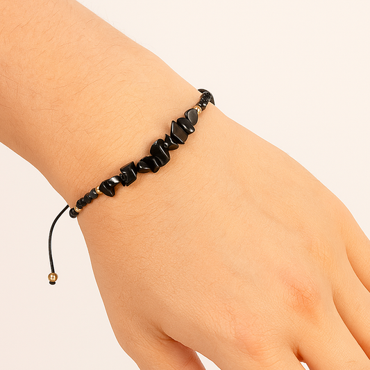 Women's Black Tourmaline Bracelet, Black Agate Adjustable Bracelet