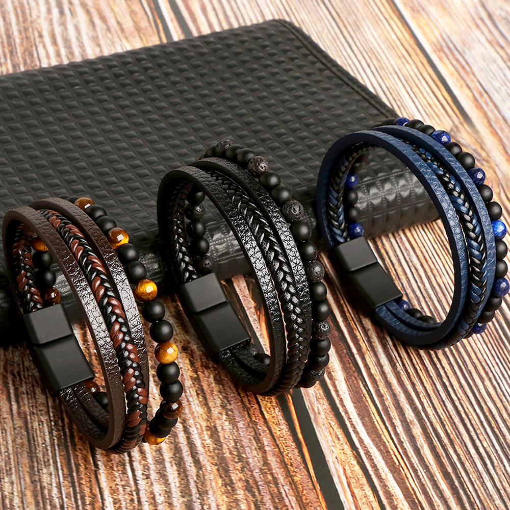 Icon, Black Leather, Onyx & Tiger's Eye Double Bracelet, In stock!