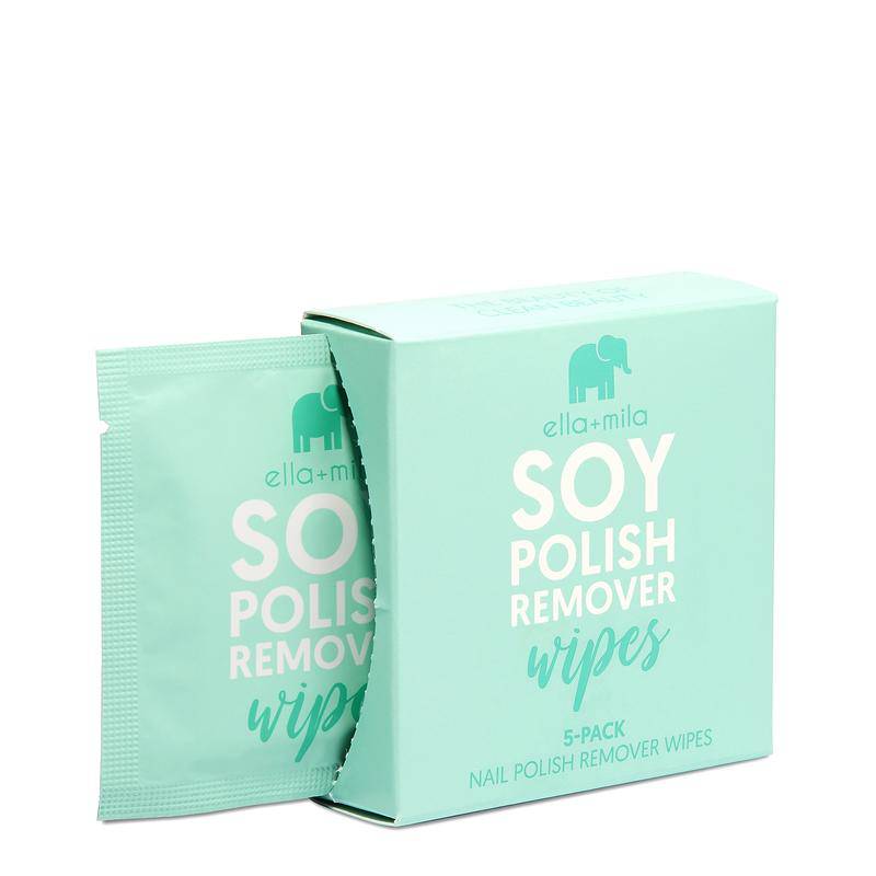 ella+mila's soy-based nail polish remover wipes are designed to effectively remove all traditional nail polishes. Ingredients include Vitamins A, C & E, which promote healthy and moisturized nails. This product does not contain acetone or harsh acetates, which will dry out your skin and damage the nail and cuticles.