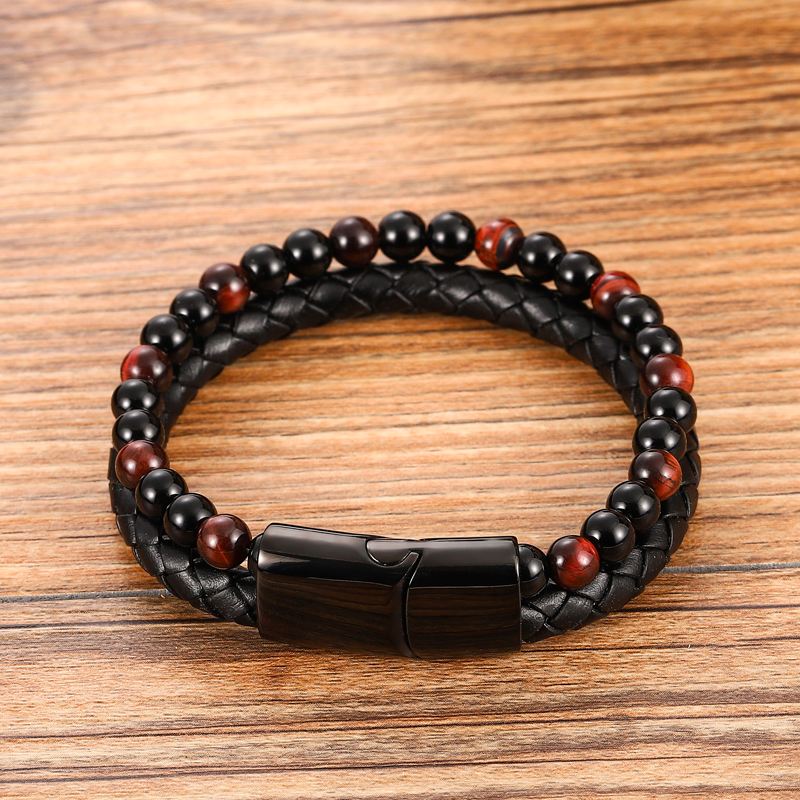 Handmade Natural Stone Beaded Bracelet Strong + Confident Look This mens leather bracelet 6mm beads matte black onyx beads genuine leather stainless steel magnetic clasps Multi-layer style leather bracelet for men. Suitable for any occasion. Tiger's Eye powerful stone helps release fear & anxiety aids harmony & balance