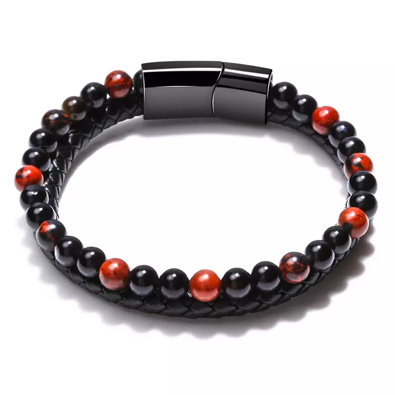 Handmade Natural Stone Beaded Bracelet Strong + Confident Look This mens leather bracelet 6mm beads matte black onyx beads genuine leather stainless steel magnetic clasps Multi-layer style leather bracelet for men. Suitable for any occasion. Tiger's Eye powerful stone helps release fear & anxiety aids harmony & balance