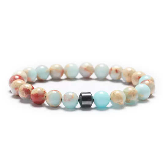 Handmade Natural Stone Agalmatolite + Hematite Beaded Bracelet Men Women
