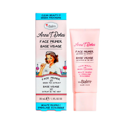 theBalm Cosmetics Anne T. Dotes Face Primer Clean Beauty & Green Packaging replenishing primer preps the skin for a smooth application helps to condition, soothe, and moisturize the skin. Use alone for a dewy glow, or under your foundation for a longer wear.