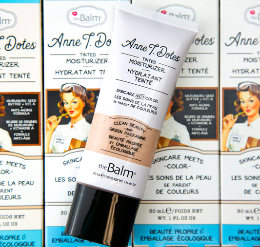 theBalm Cosmetics Anne T. Dotes Tinted Moisturizer Clean Beauty & Green Packaging Soothing Murumuru Seed Butter and antioxidant Vitamins A & C, not only evens out and hydrates your skin