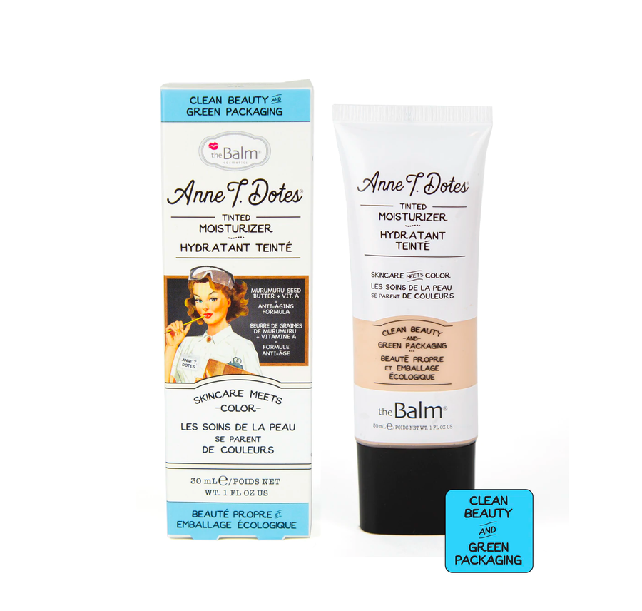 theBalm Cosmetics Anne T. Dotes Tinted Moisturizer Clean Beauty & Green Packaging Soothing Murumuru Seed Butter and antioxidant Vitamins A & C, not only evens out and hydrates your skin
