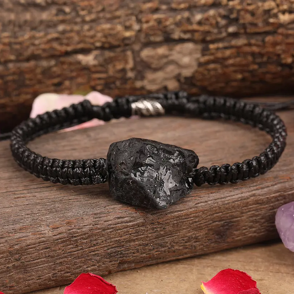 Black Tourmaline Handmade Large Natural Stone Adjustable Black String Bracelet Braided Nylon Cord Shield Protection Cleansing